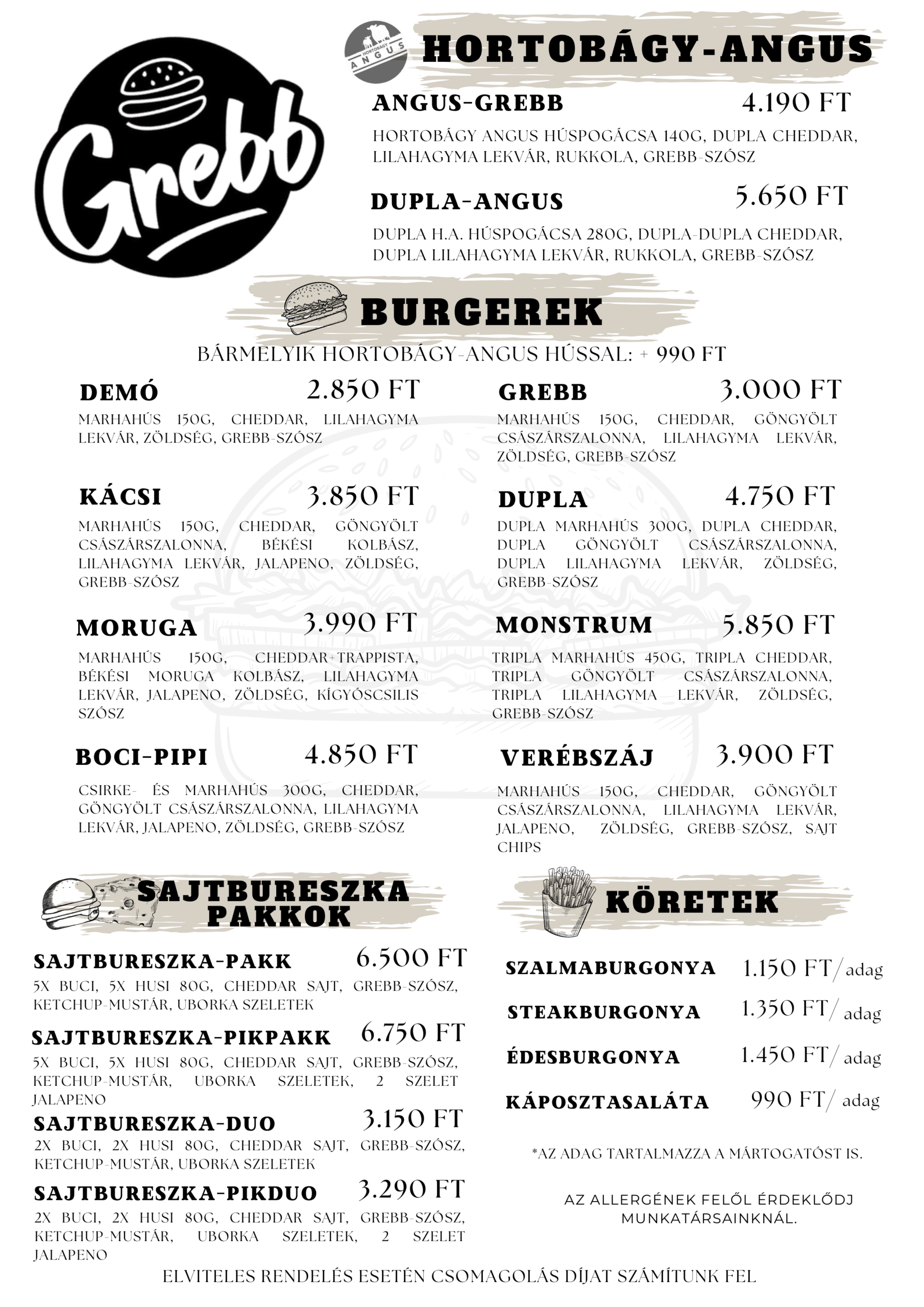 Grebb étlap első oldala burgerekkel, Angus burgerekkel, köretekkel és sajtburgeszka pakkokkal